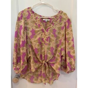 Rose Olive Womens Blouse Top XL Tie Front Pink Green Floral Bohemian Lightweight